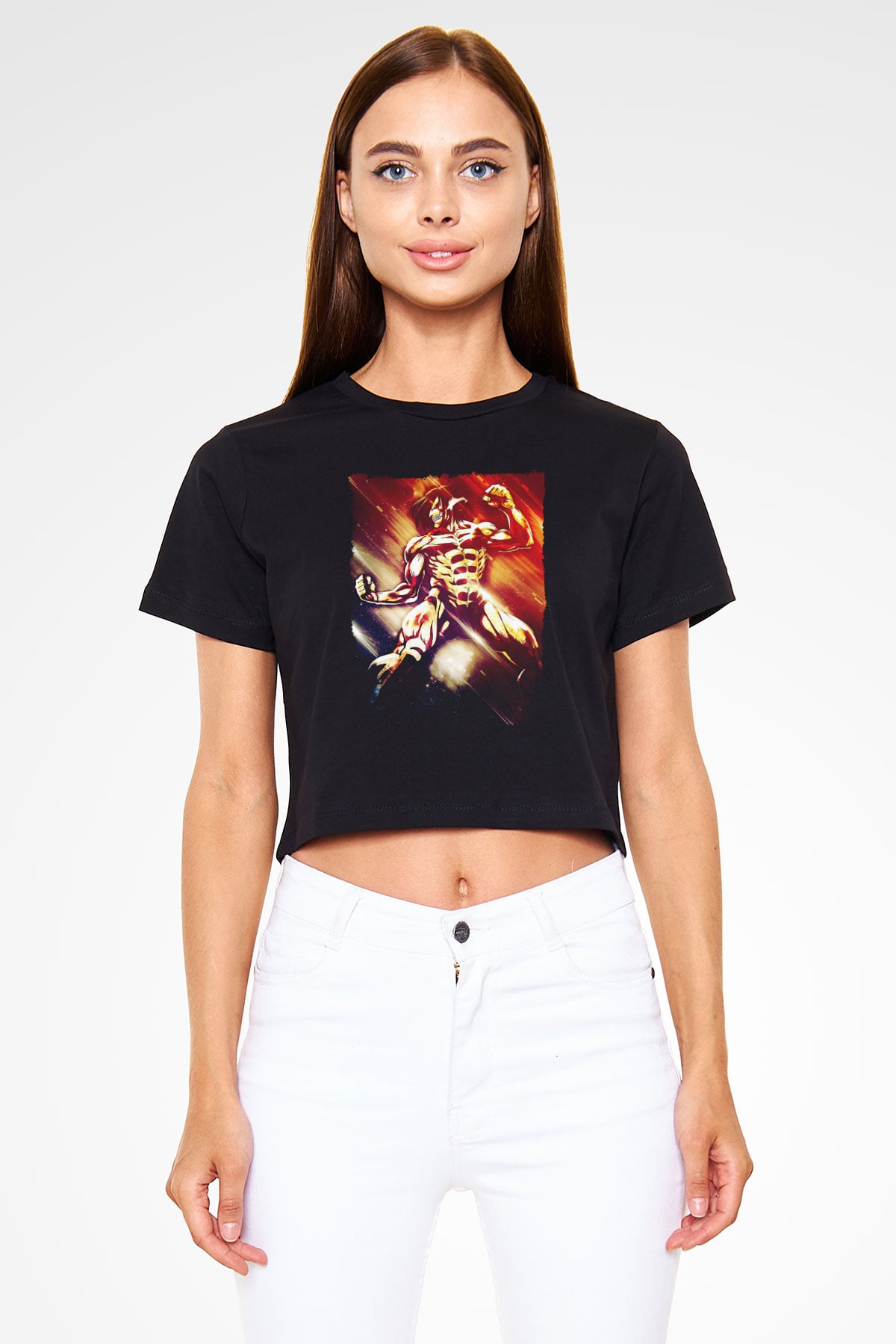Attack On Titan Baskılı Siyah Crop Top Kadın Tişört - Tshirt
