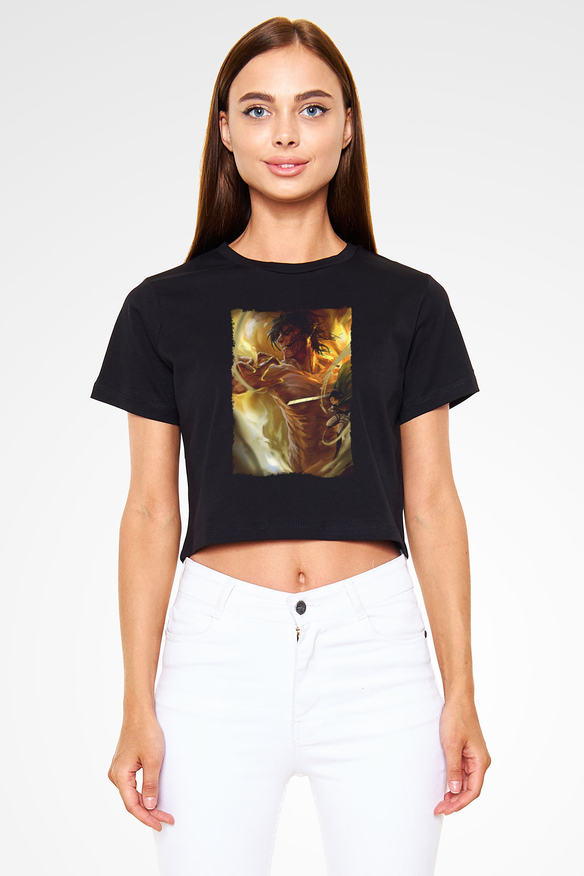 Attack On Titan Baskılı Siyah Crop Top Kadın Tişört - Tshirt