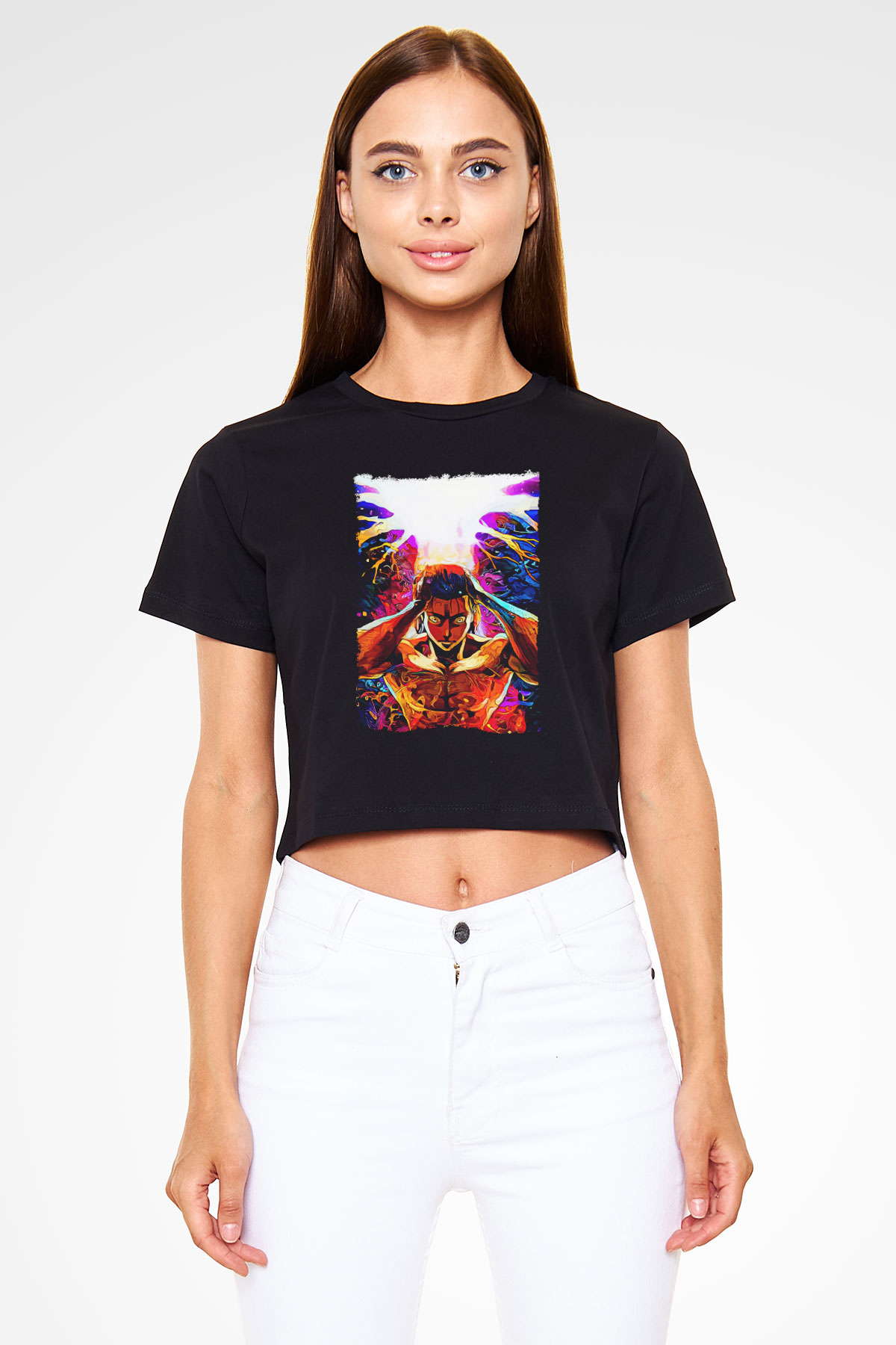 Attack On Titan Baskılı Siyah Crop Top Kadın Tişört - Tshirt