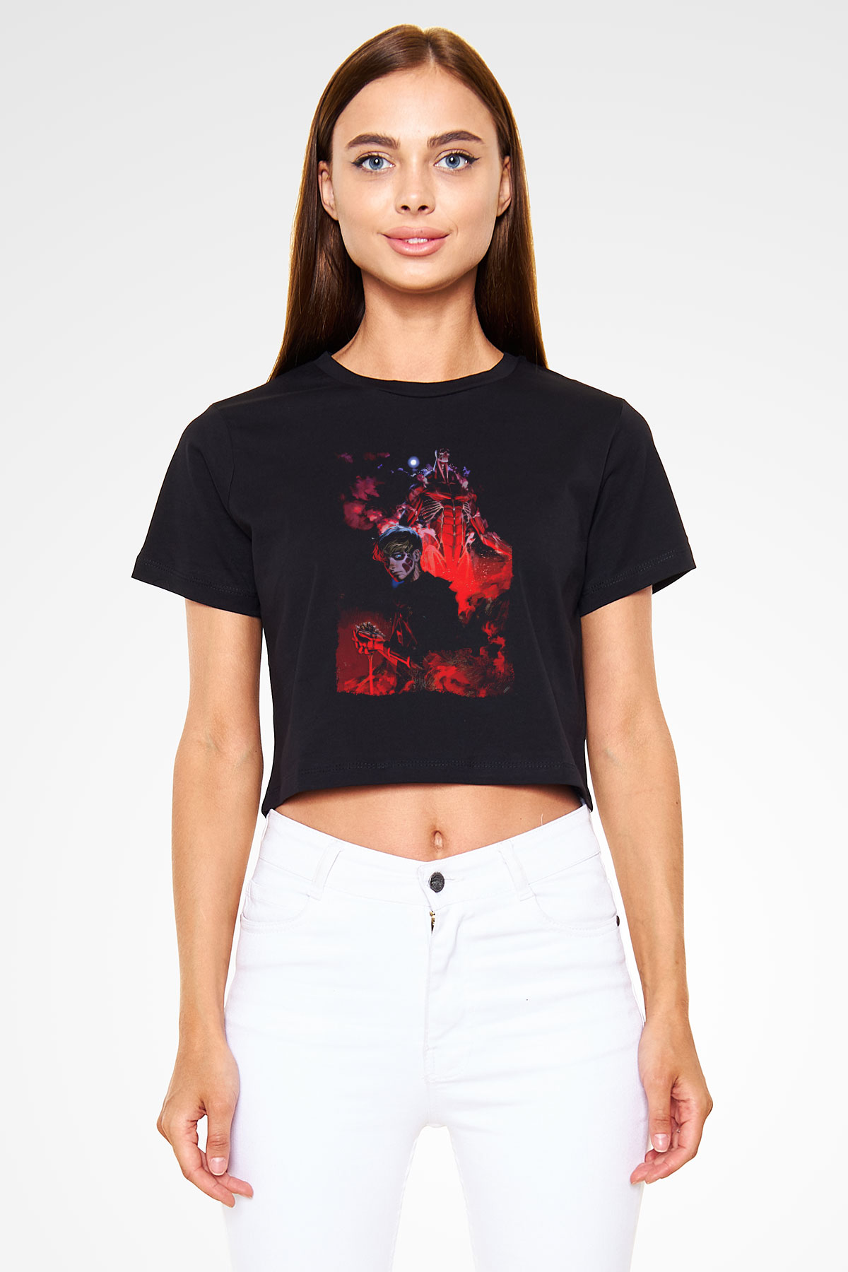Attack On Titan Baskılı Siyah Crop Top Kadın Tişört - Tshirt