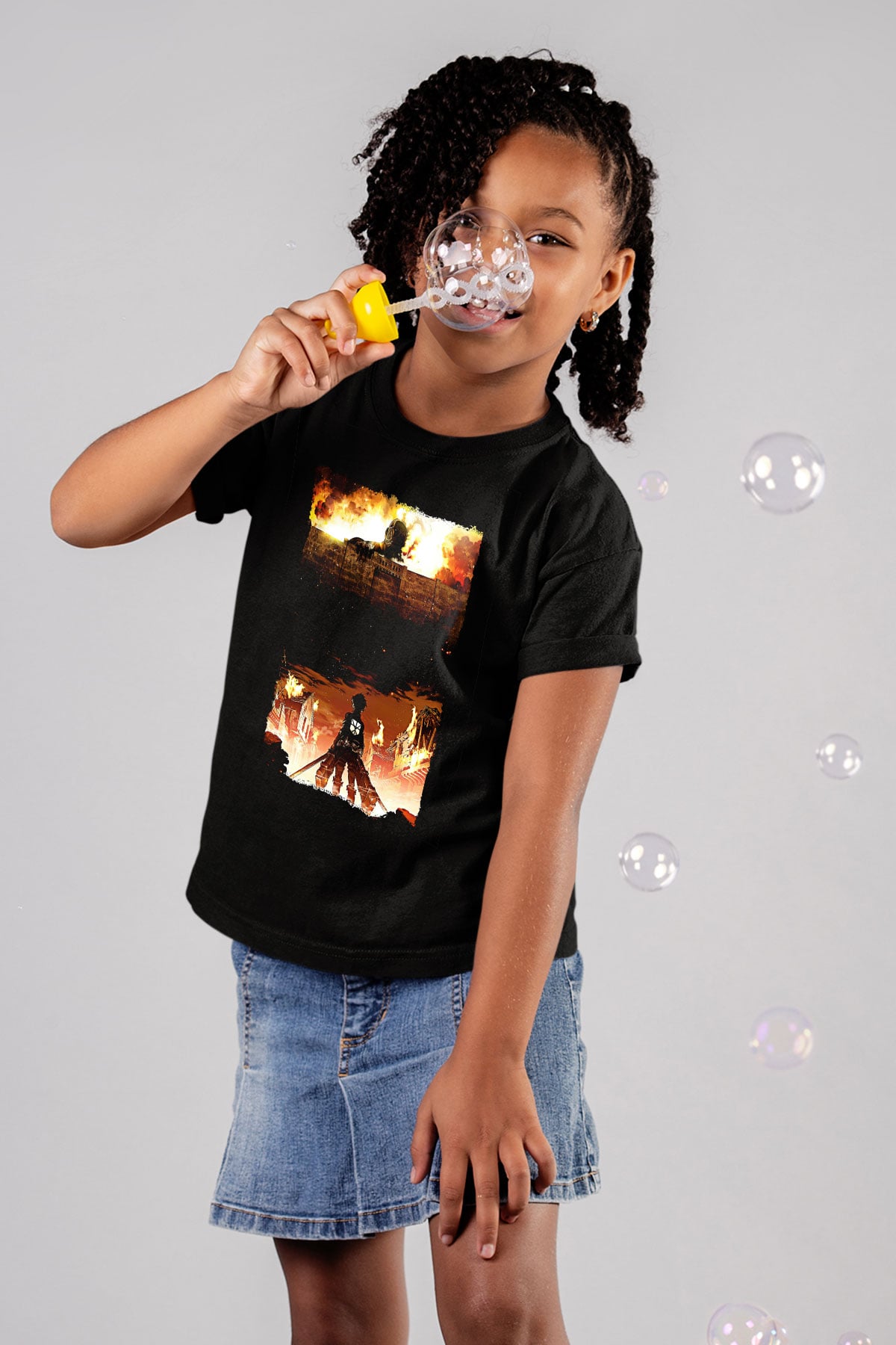 Attack On Titan Baskılı Unisex Siyah Çocuk Tişört - Tshirt