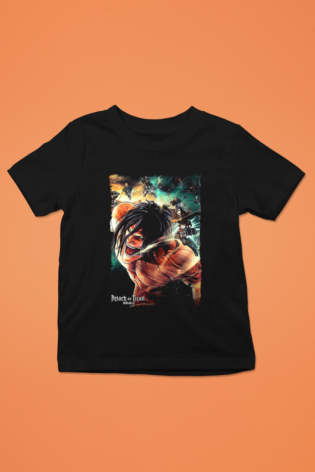 Attack On Titan Baskılı Unisex Siyah Çocuk Tişört - Tshirt