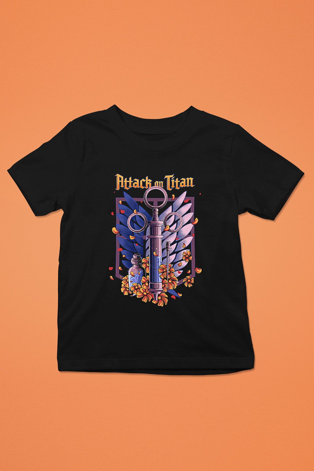 Attack On Titan Baskılı Unisex Siyah Çocuk Tişört - Tshirt