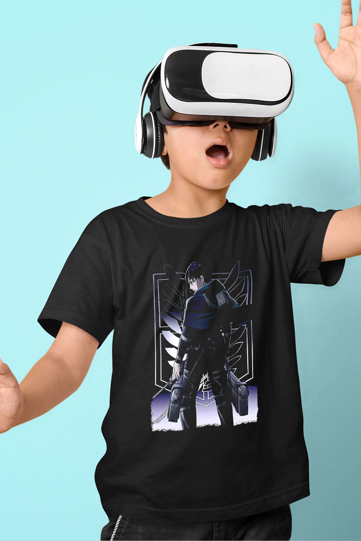 Attack On Titan Baskılı Unisex Siyah Çocuk Tişört - Tshirt