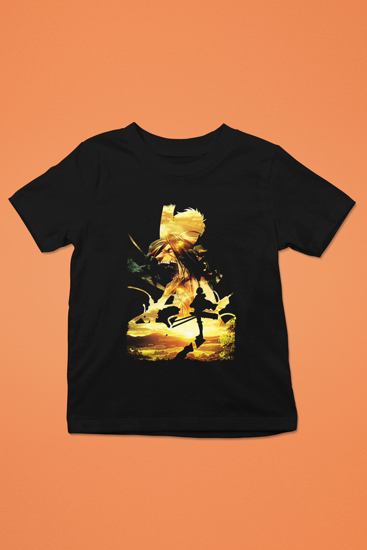 Attack On Titan Baskılı Unisex Siyah Çocuk Tişört - Tshirt
