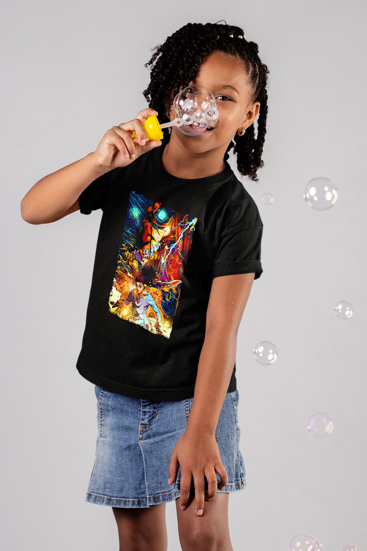 Attack On Titan Baskılı Unisex Siyah Çocuk Tişört - Tshirt