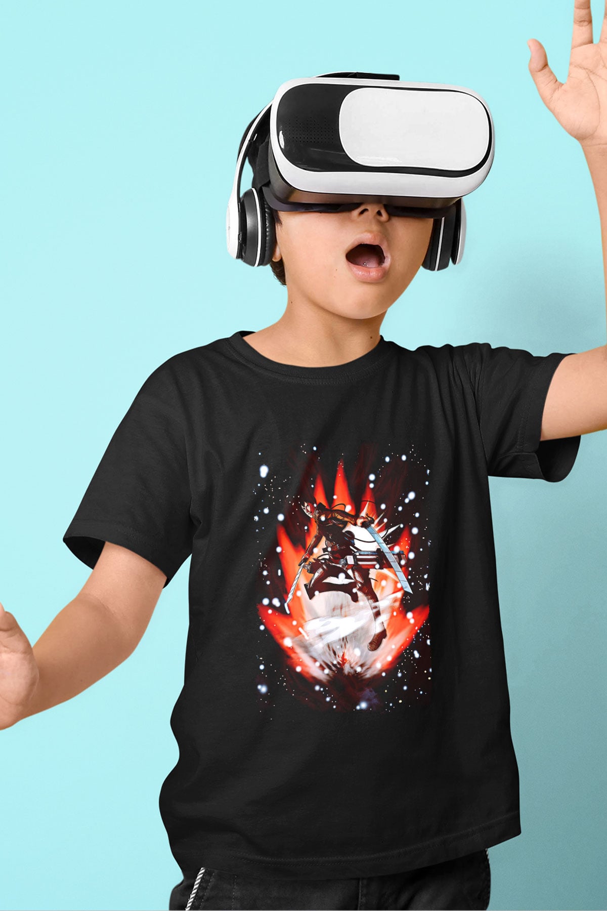 Attack On Titan Baskılı Unisex Siyah Çocuk Tişört - Tshirt