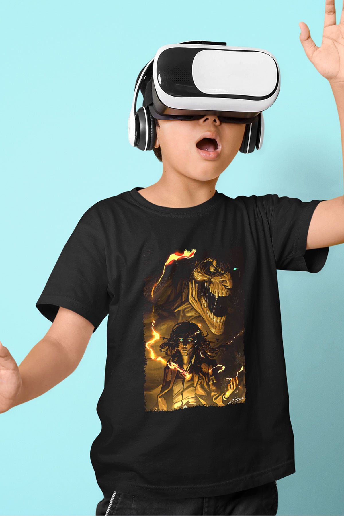 Attack On Titan Baskılı Unisex Siyah Çocuk Tişört - Tshirt