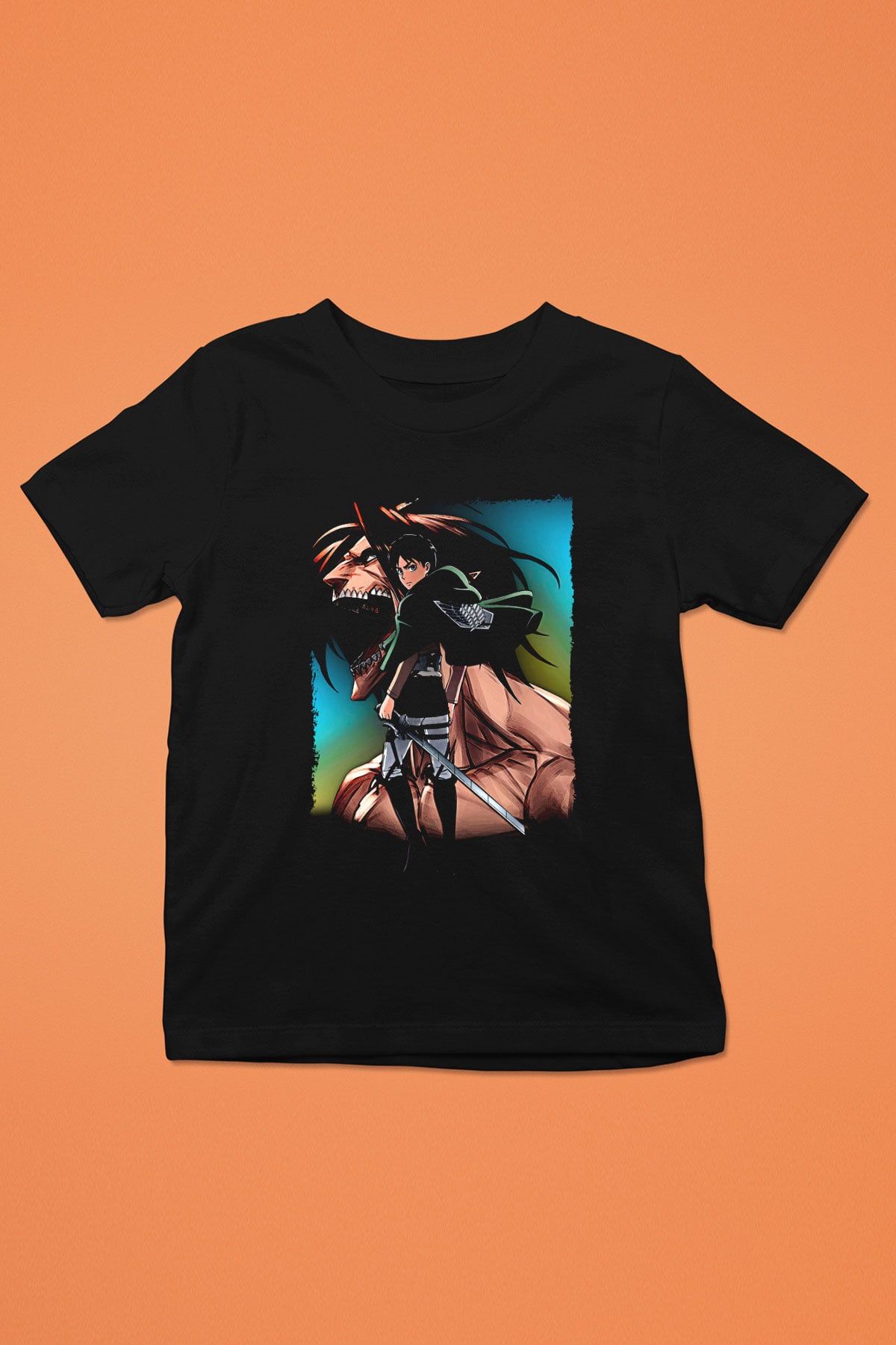 Attack On Titan Baskılı Unisex Siyah Çocuk Tişört - Tshirt