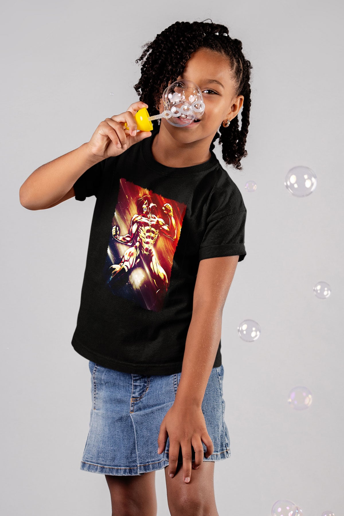 Attack On Titan Baskılı Unisex Siyah Çocuk Tişört - Tshirt