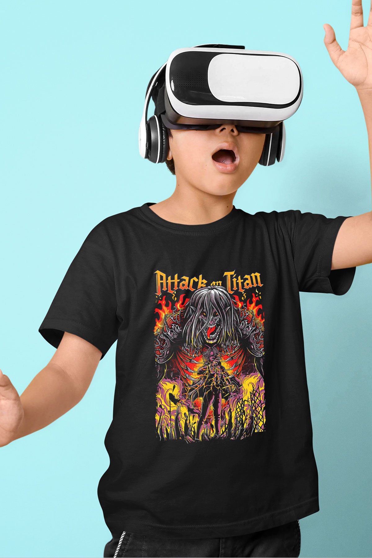 Attack On Titan Baskılı Unisex Siyah Çocuk Tişört - Tshirt
