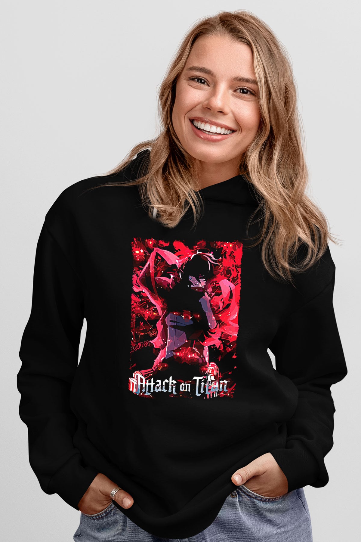 Attack On Titan Baskılı Unisex Siyah Hoodie