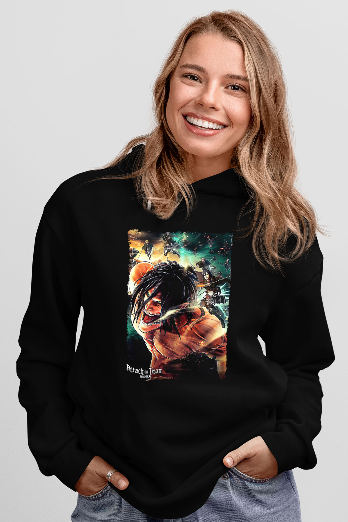 Attack On Titan Baskılı Unisex Siyah Hoodie