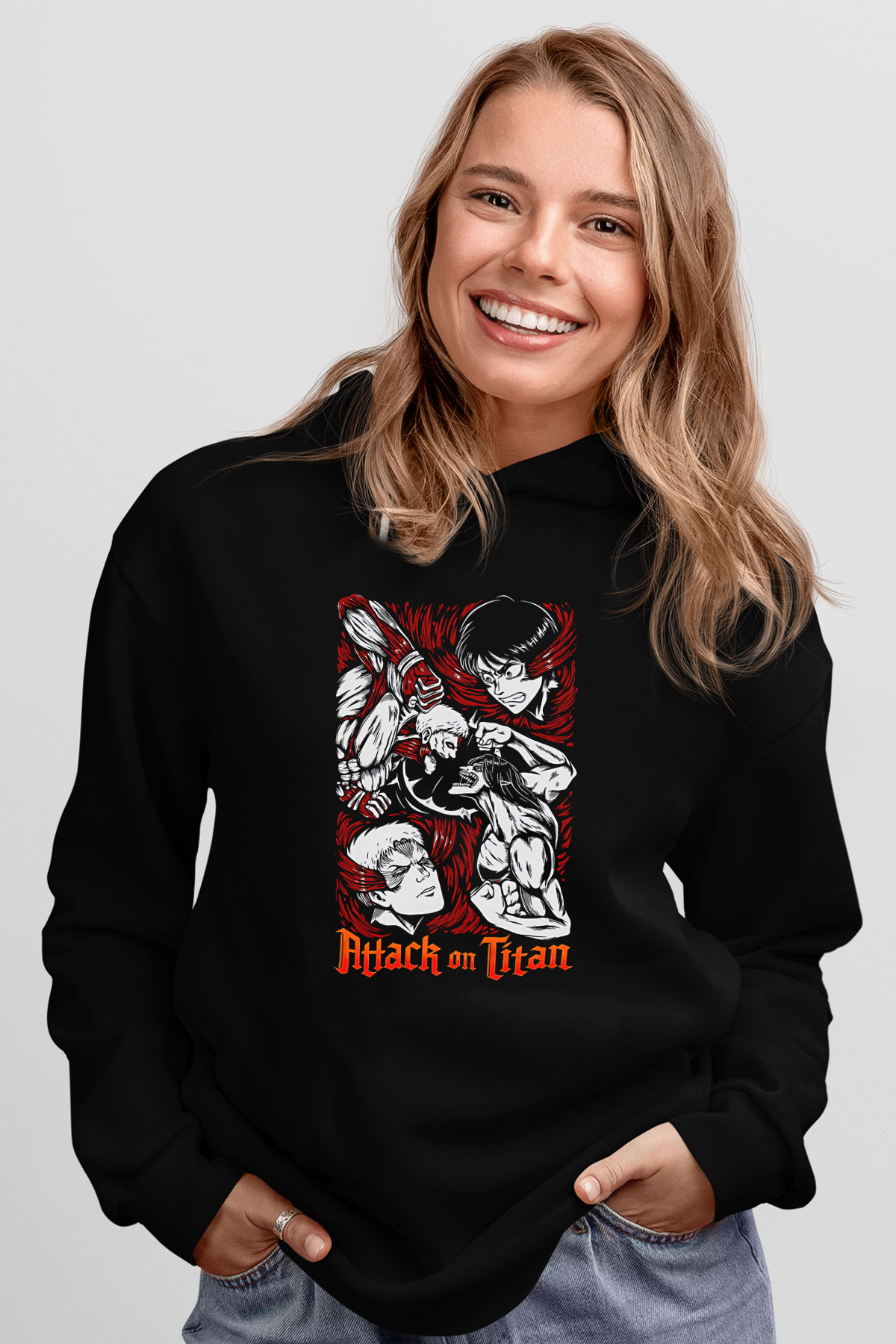 Attack On Titan Baskılı Unisex Siyah Hoodie