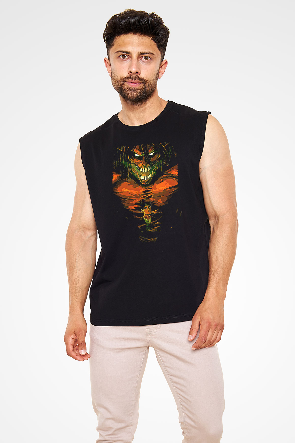 Attack On Titan Baskılı Unisex Siyah Kolsuz Tişört - Tshirt