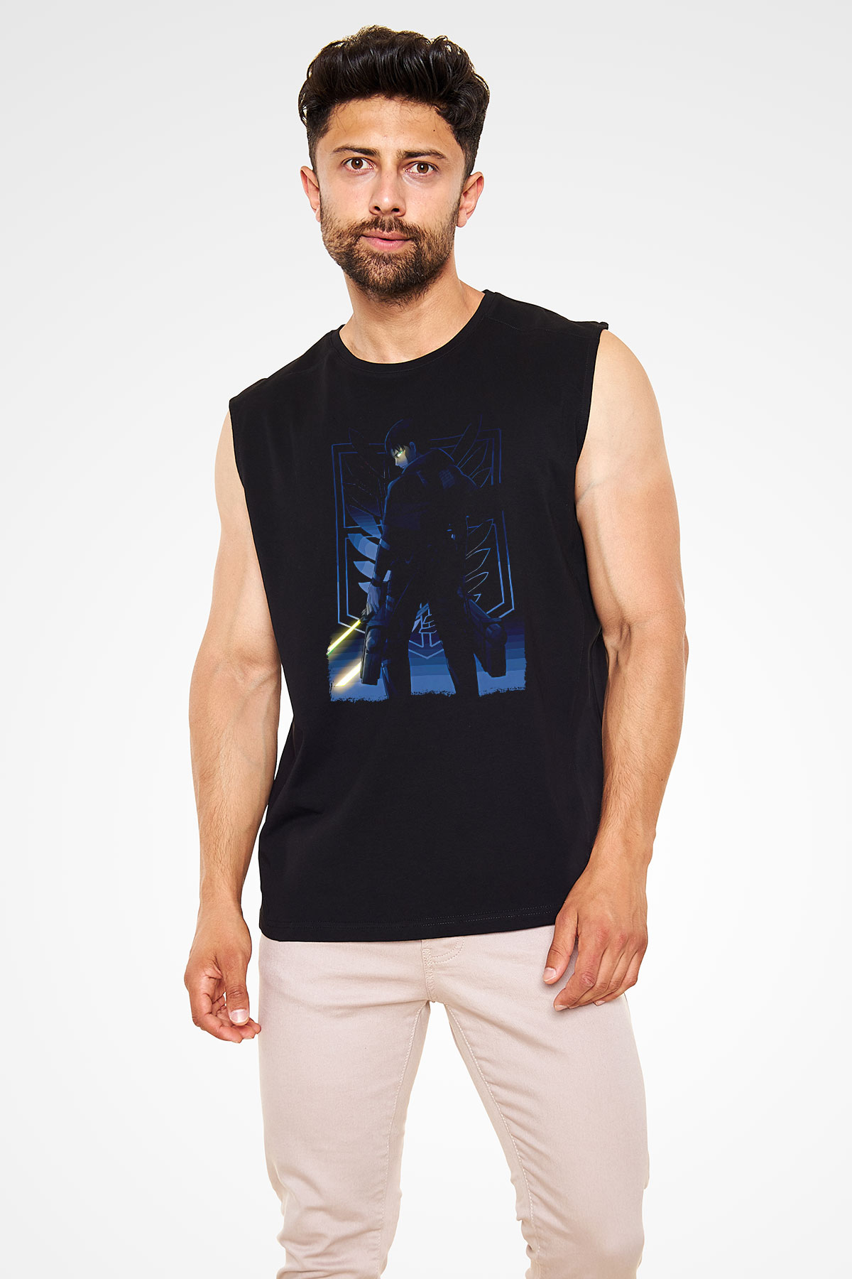 Attack On Titan Baskılı Unisex Siyah Kolsuz Tişört - Tshirt