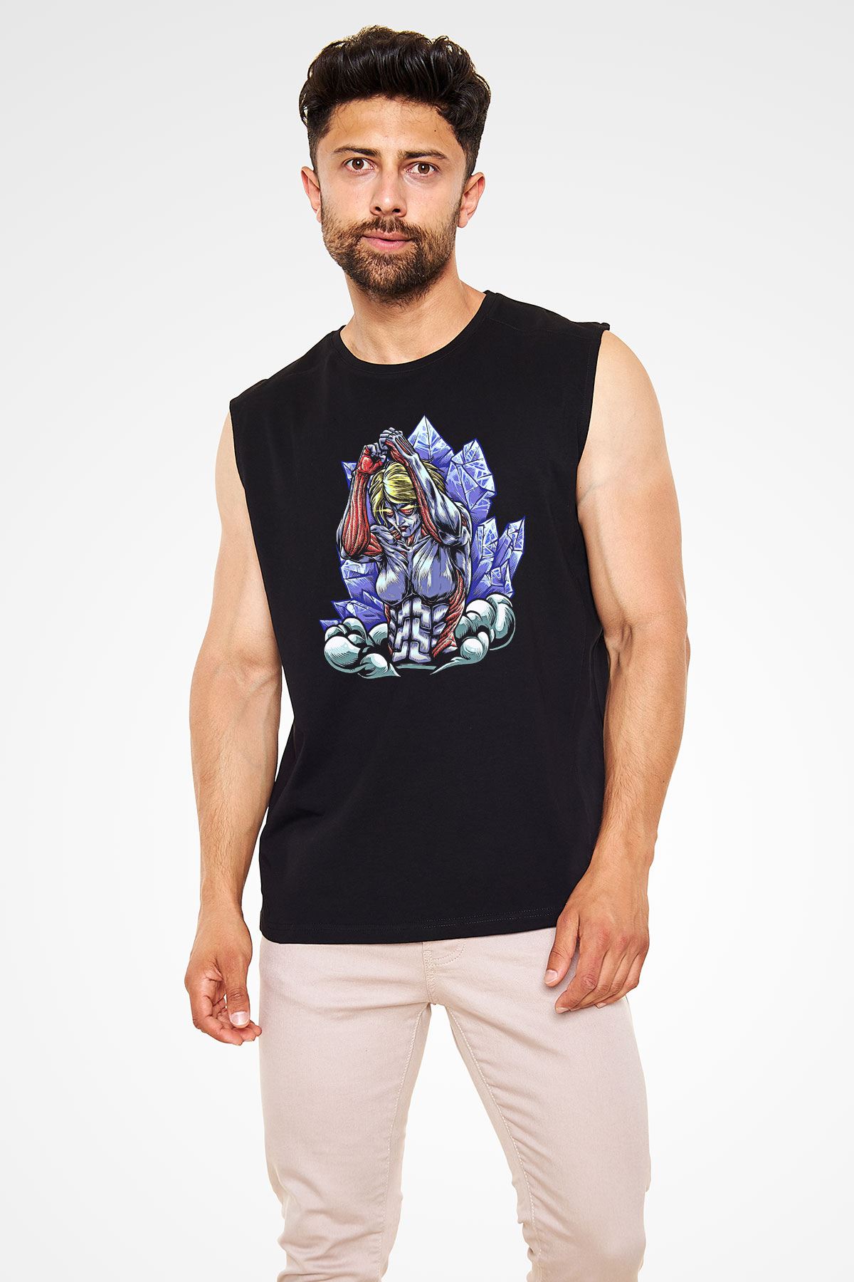Attack On Titan Baskılı Unisex Siyah Kolsuz Tişört - Tshirt