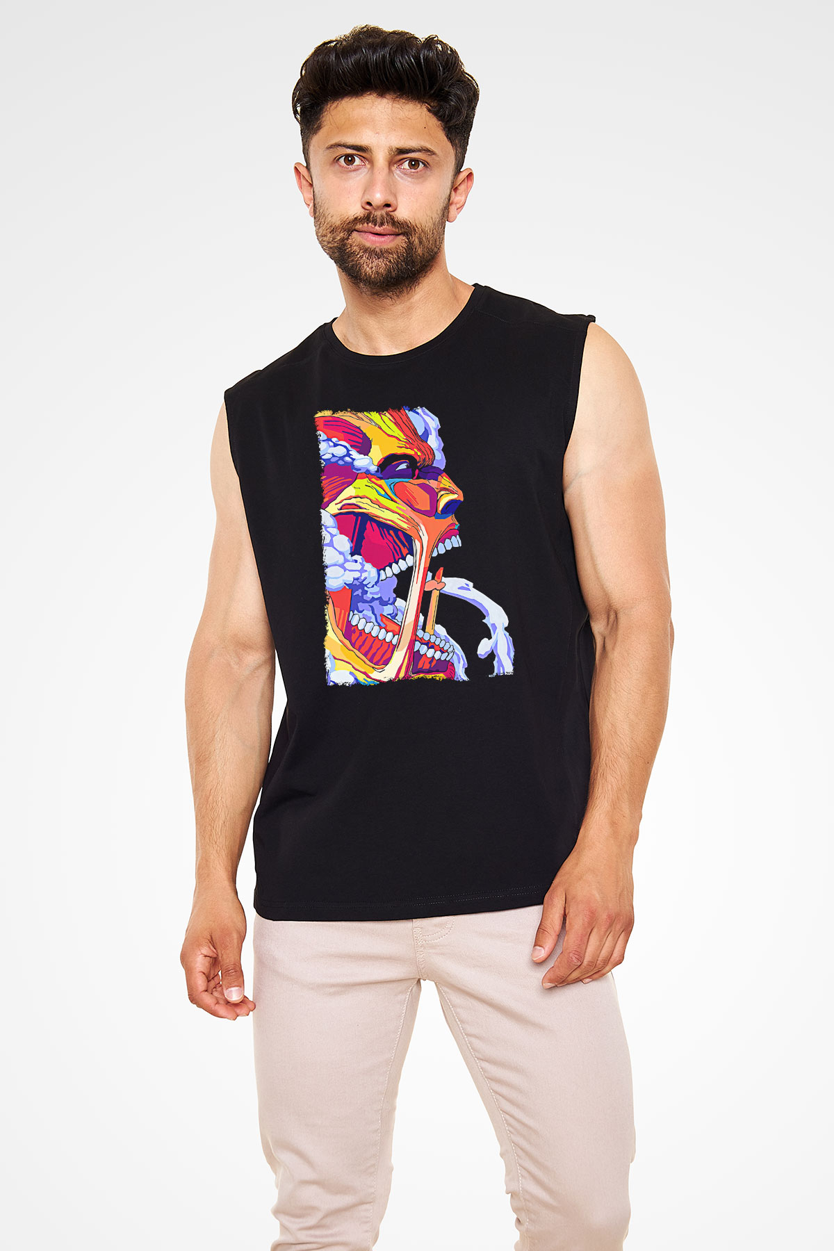 Attack On Titan Baskılı Unisex Siyah Kolsuz Tişört - Tshirt