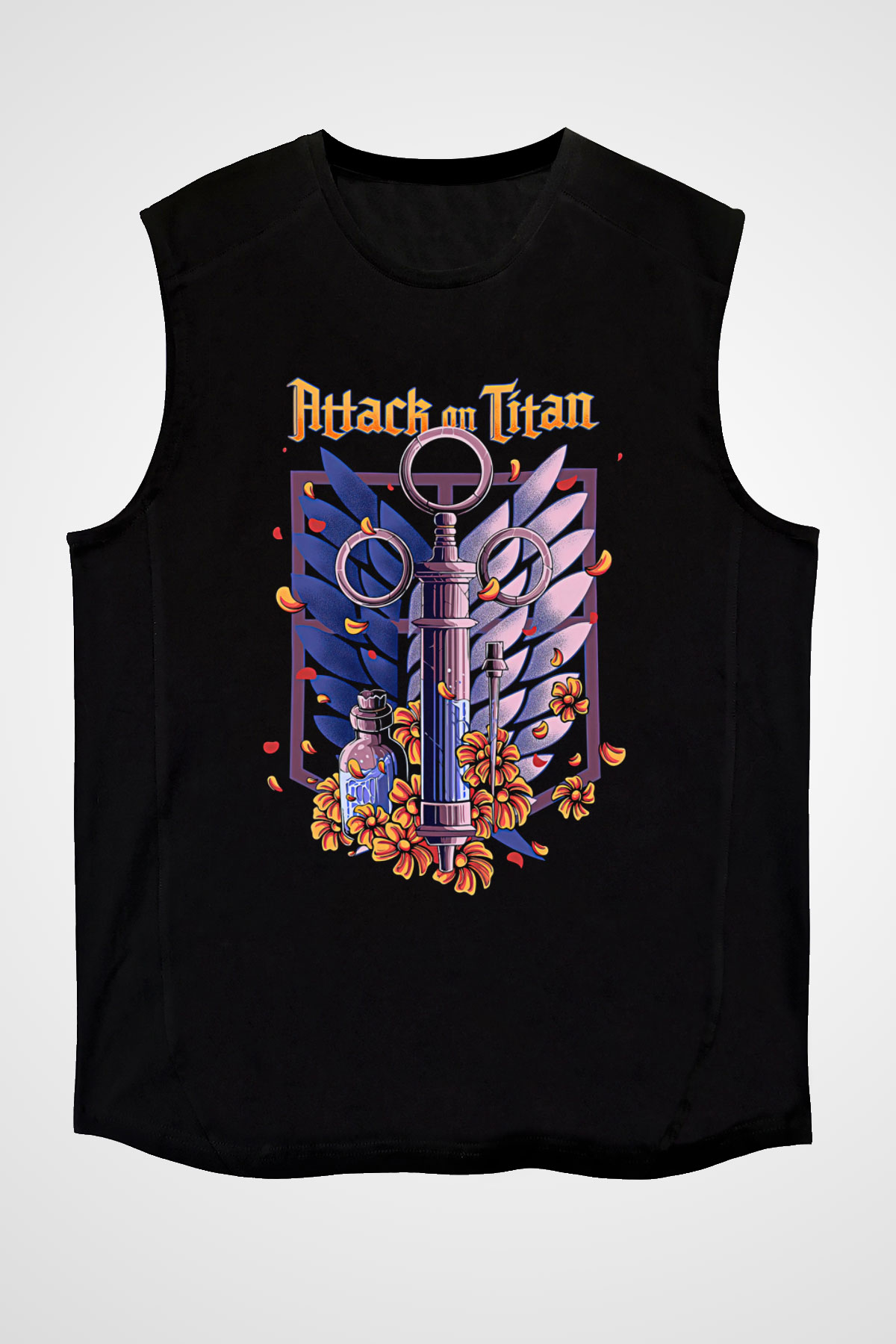Attack On Titan Baskılı Unisex Siyah Kolsuz Tişört - Tshirt