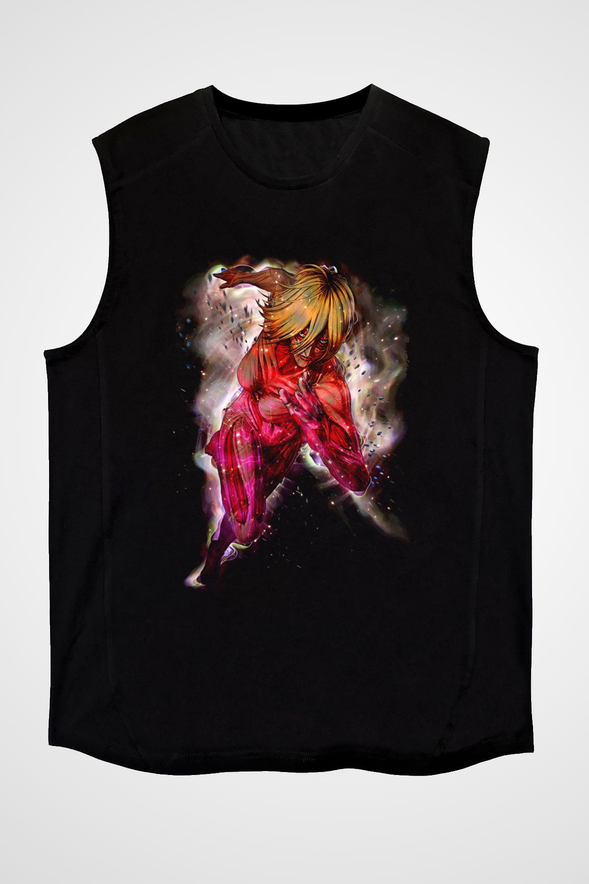 Attack On Titan Baskılı Unisex Siyah Kolsuz Tişört - Tshirt