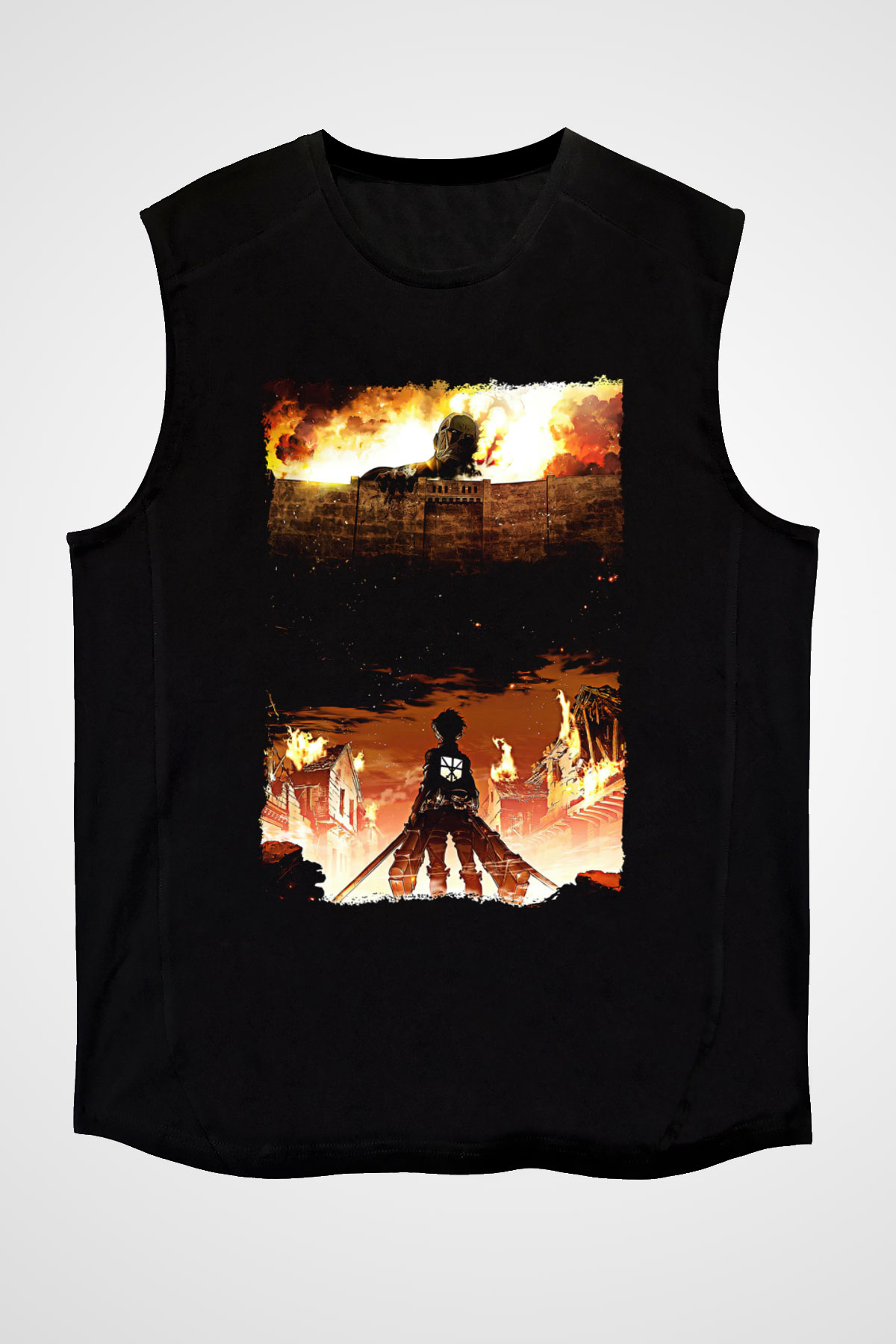 Attack On Titan Baskılı Unisex Siyah Kolsuz Tişört - Tshirt