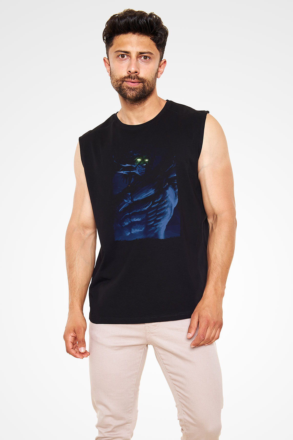 Attack On Titan Baskılı Unisex Siyah Kolsuz Tişört - Tshirt