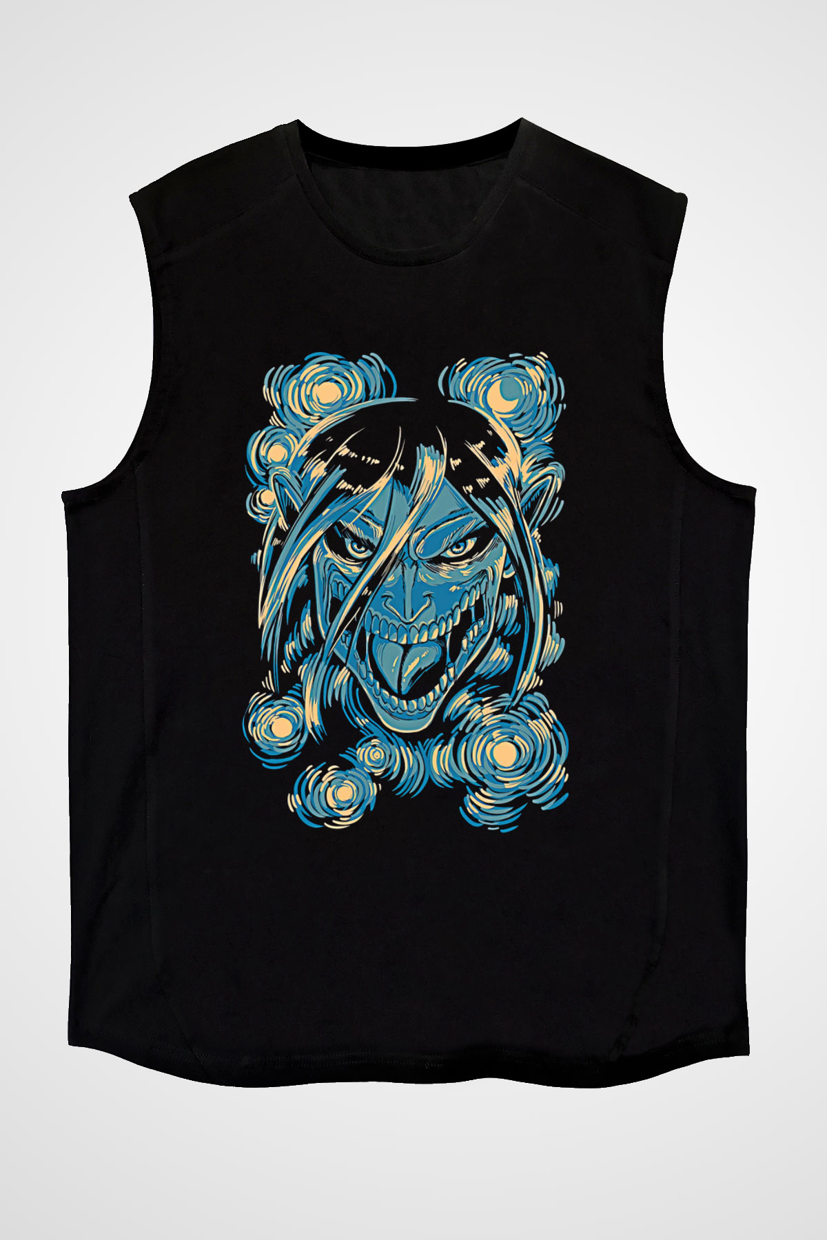 Attack On Titan Baskılı Unisex Siyah Kolsuz Tişört - Tshirt
