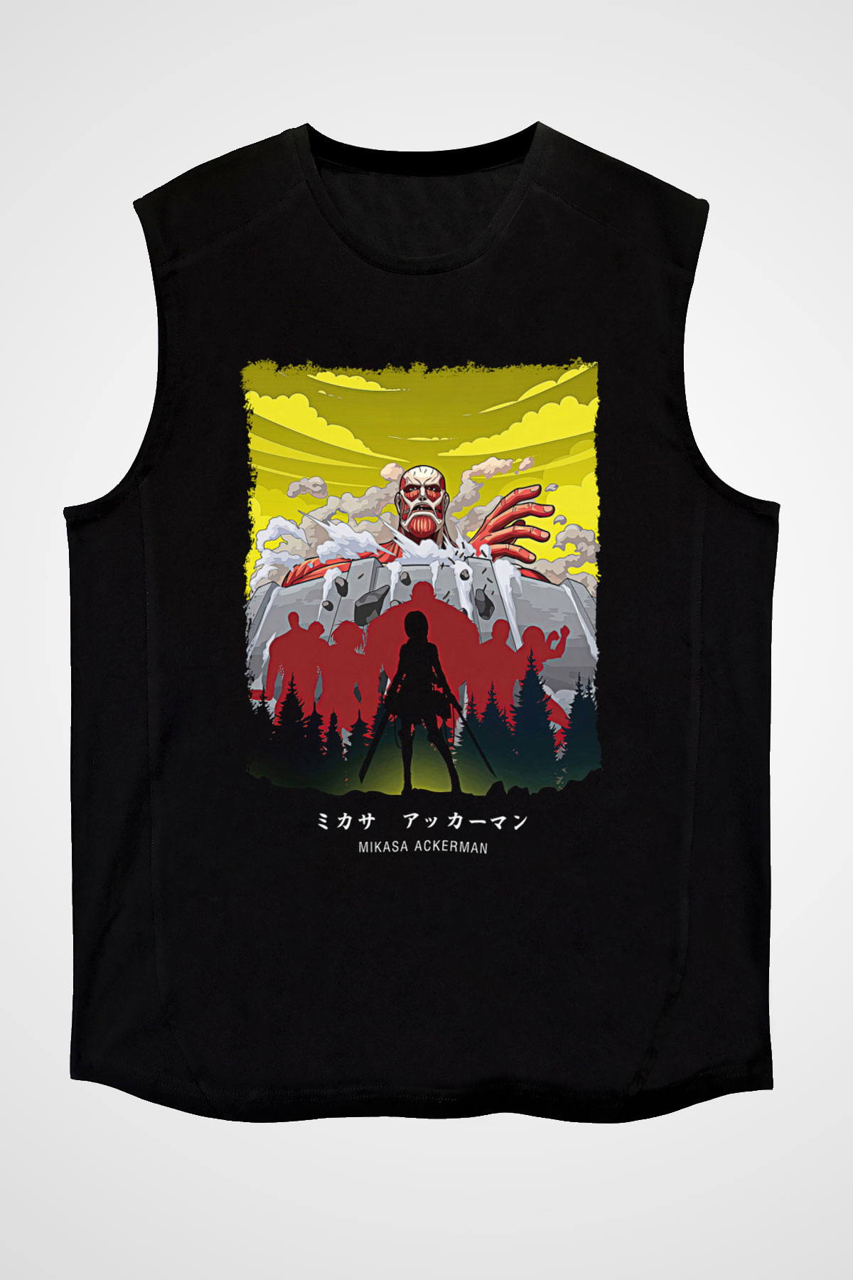 Attack On Titan Baskılı Unisex Siyah Kolsuz Tişört - Tshirt