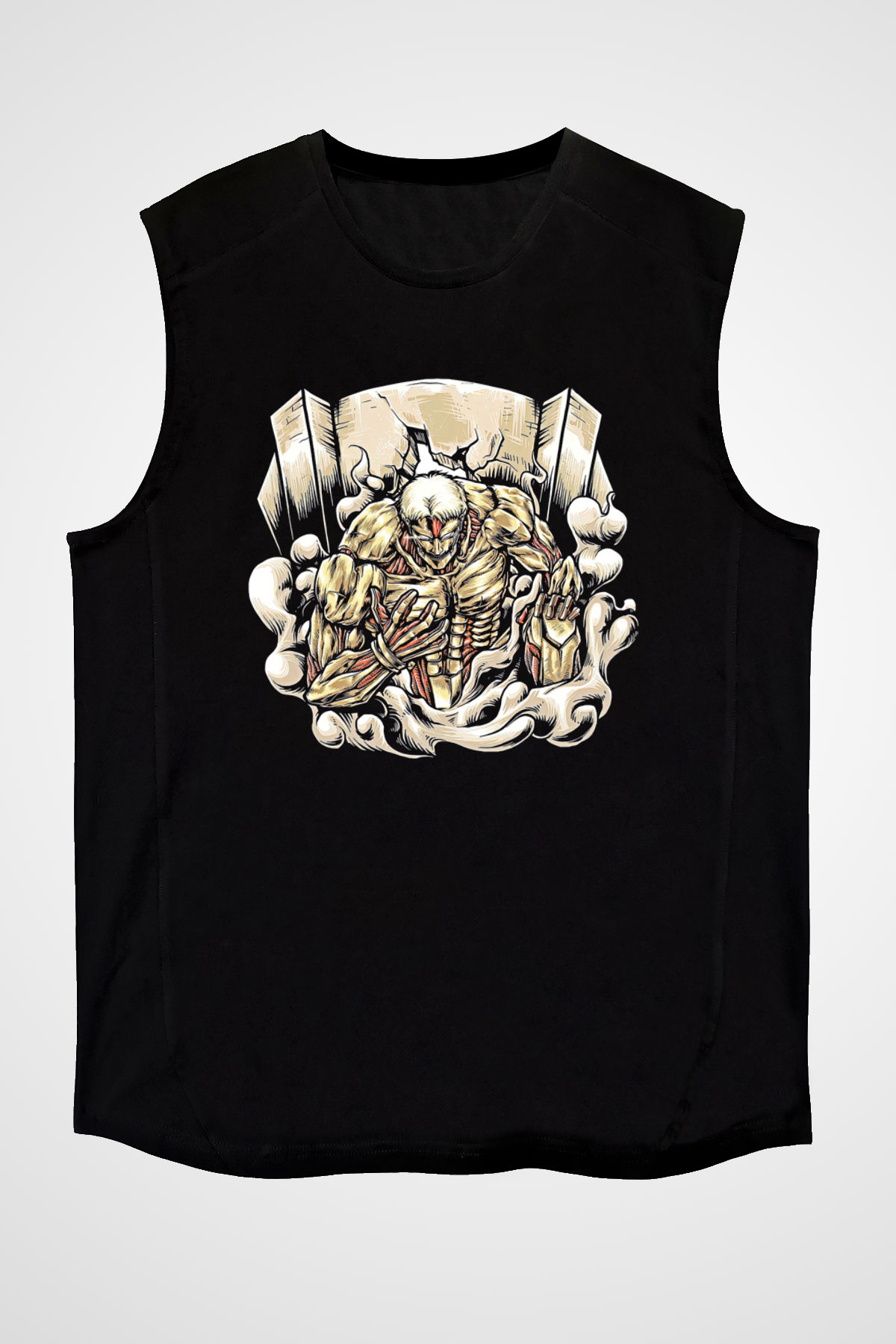 Attack On Titan Baskılı Unisex Siyah Kolsuz Tişört - Tshirt