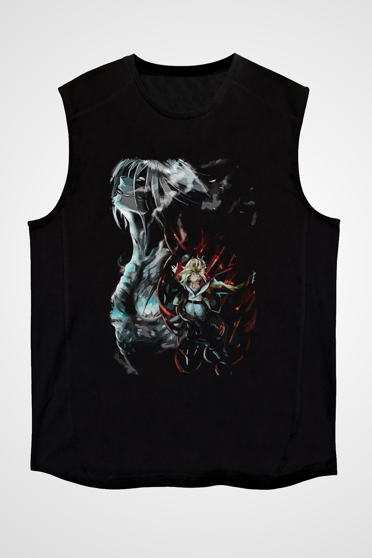 Attack On Titan Baskılı Unisex Siyah Kolsuz Tişört - Tshirt