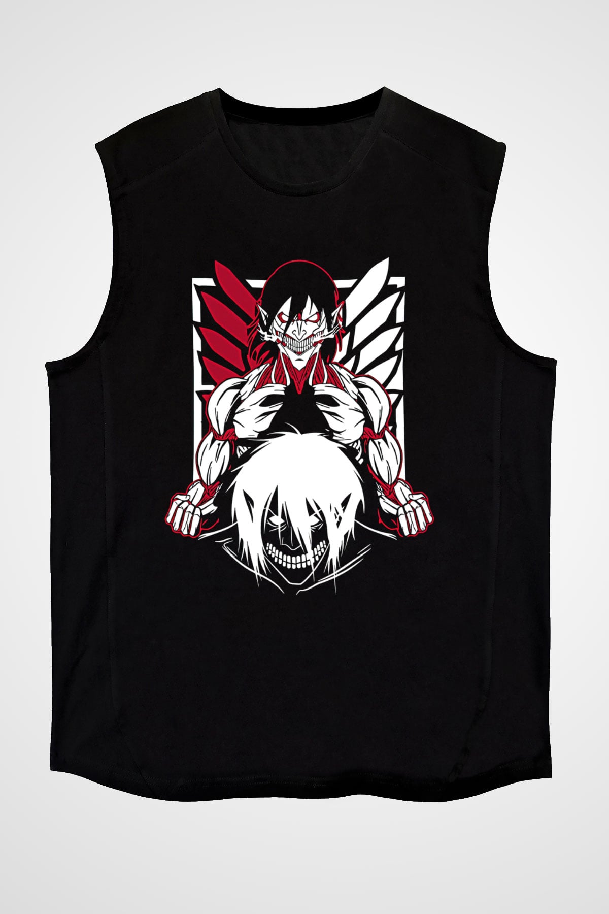 Attack On Titan Baskılı Unisex Siyah Kolsuz Tişört - Tshirt