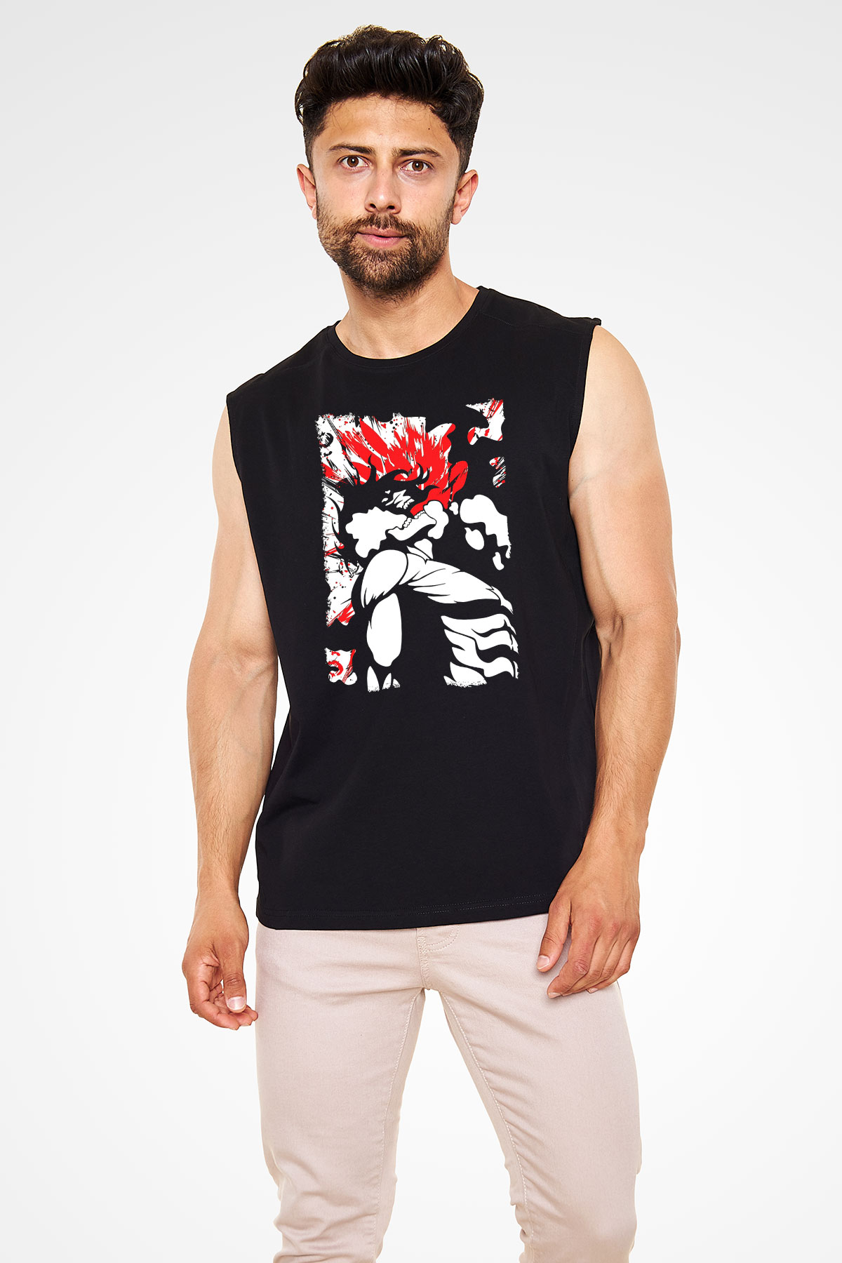 Attack On Titan Baskılı Unisex Siyah Kolsuz Tişört - Tshirt