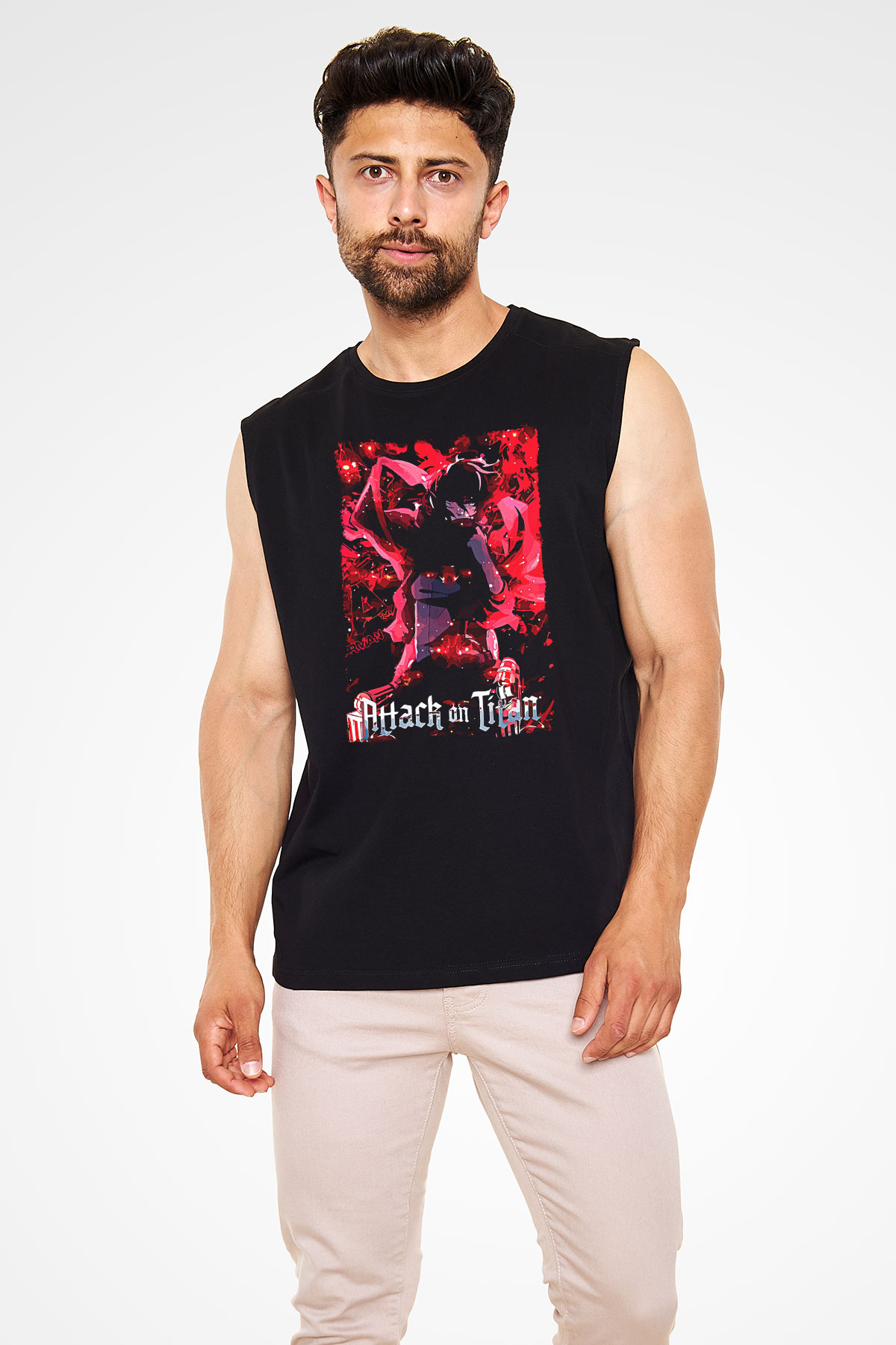 Attack On Titan Baskılı Unisex Siyah Kolsuz Tişört - Tshirt