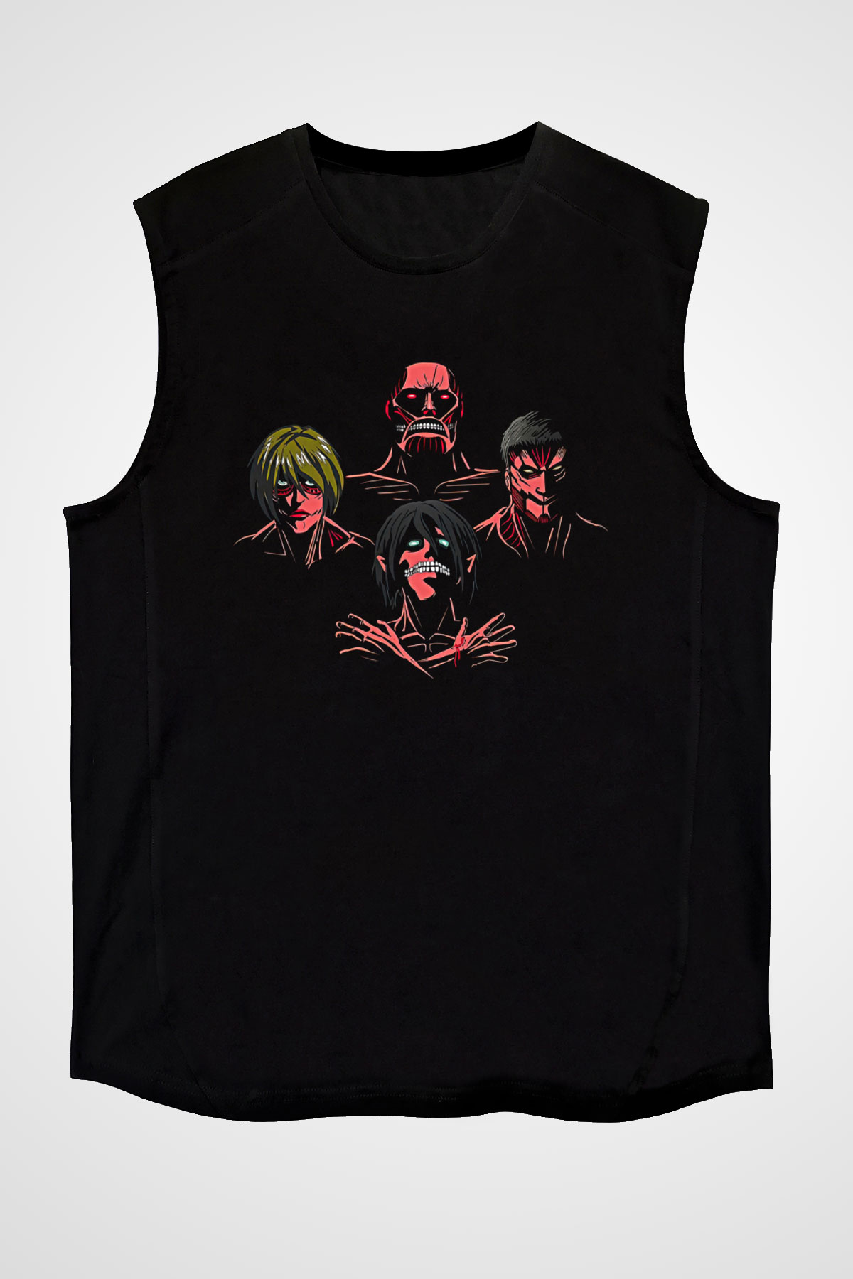 Attack On Titan Baskılı Unisex Siyah Kolsuz Tişört - Tshirt