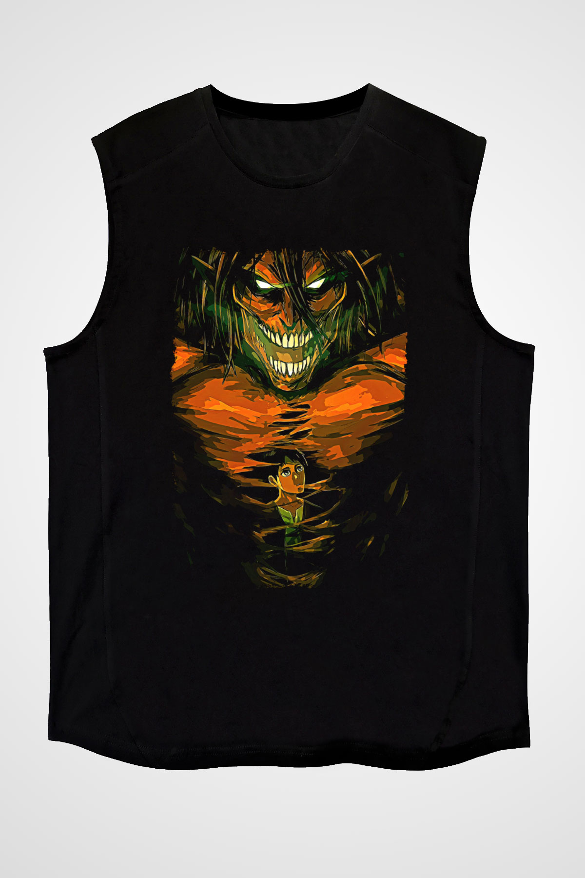 Attack On Titan Baskılı Unisex Siyah Kolsuz Tişört - Tshirt