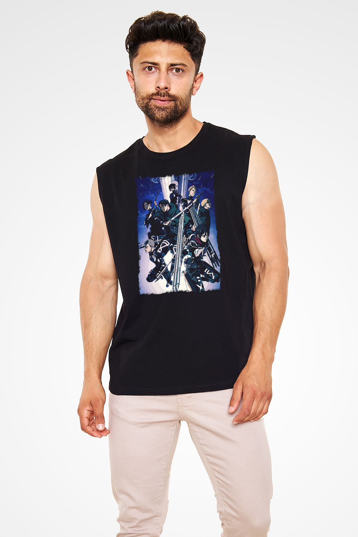 Attack On Titan Baskılı Unisex Siyah Kolsuz Tişört - Tshirt