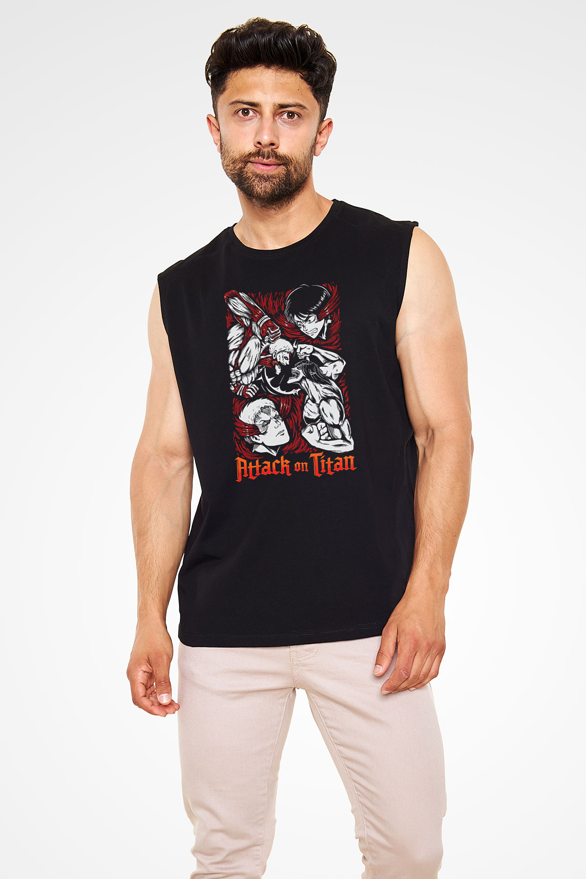 Attack On Titan Baskılı Unisex Siyah Kolsuz Tişört - Tshirt