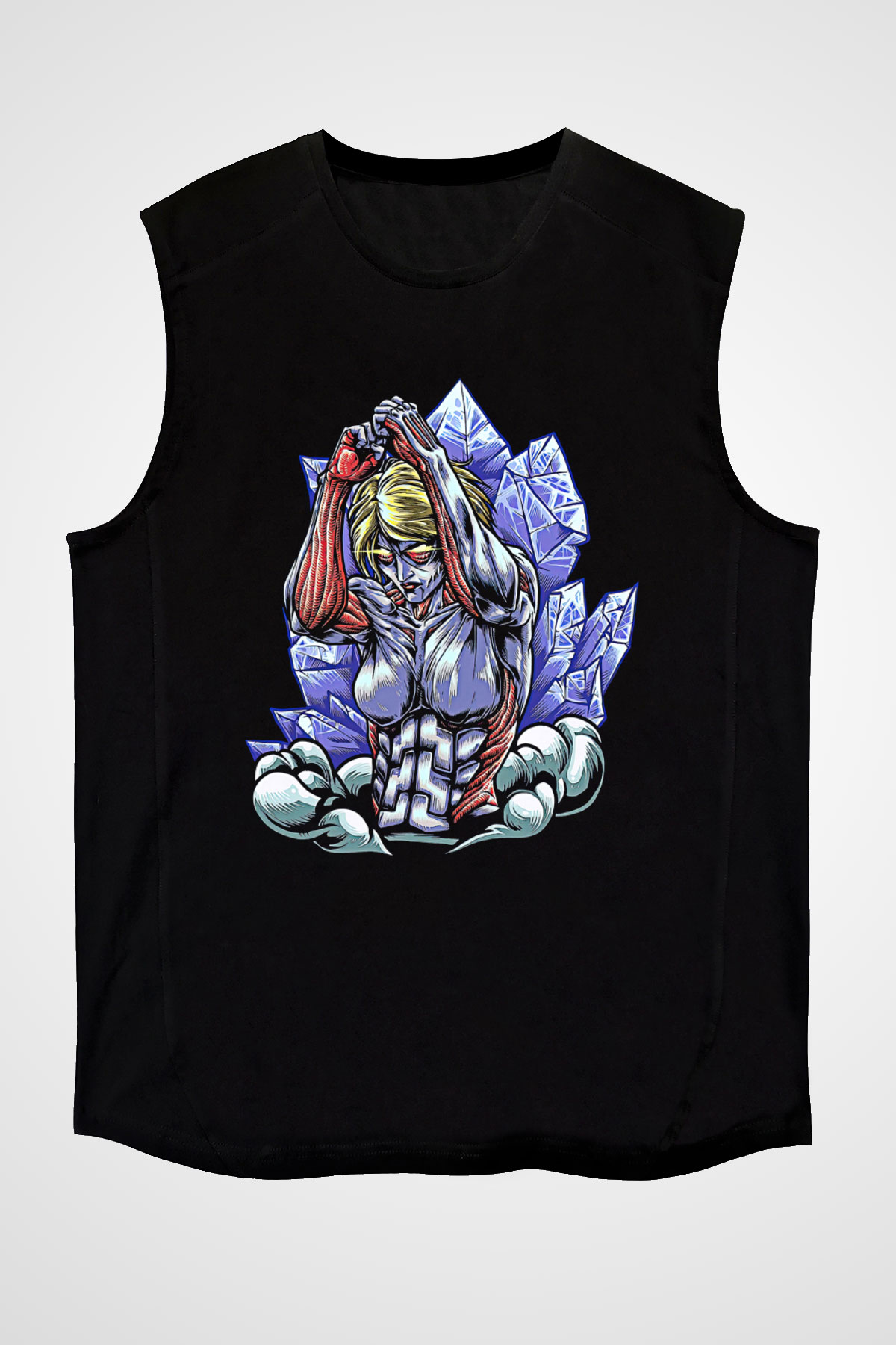Attack On Titan Baskılı Unisex Siyah Kolsuz Tişört - Tshirt