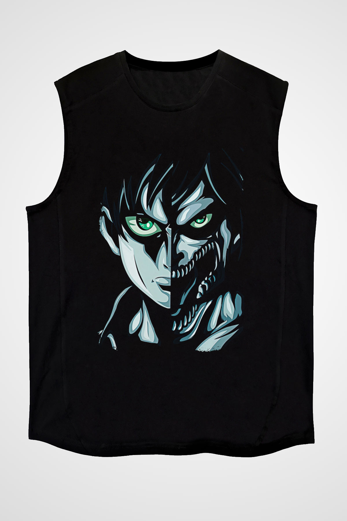 Attack On Titan Baskılı Unisex Siyah Kolsuz Tişört - Tshirt