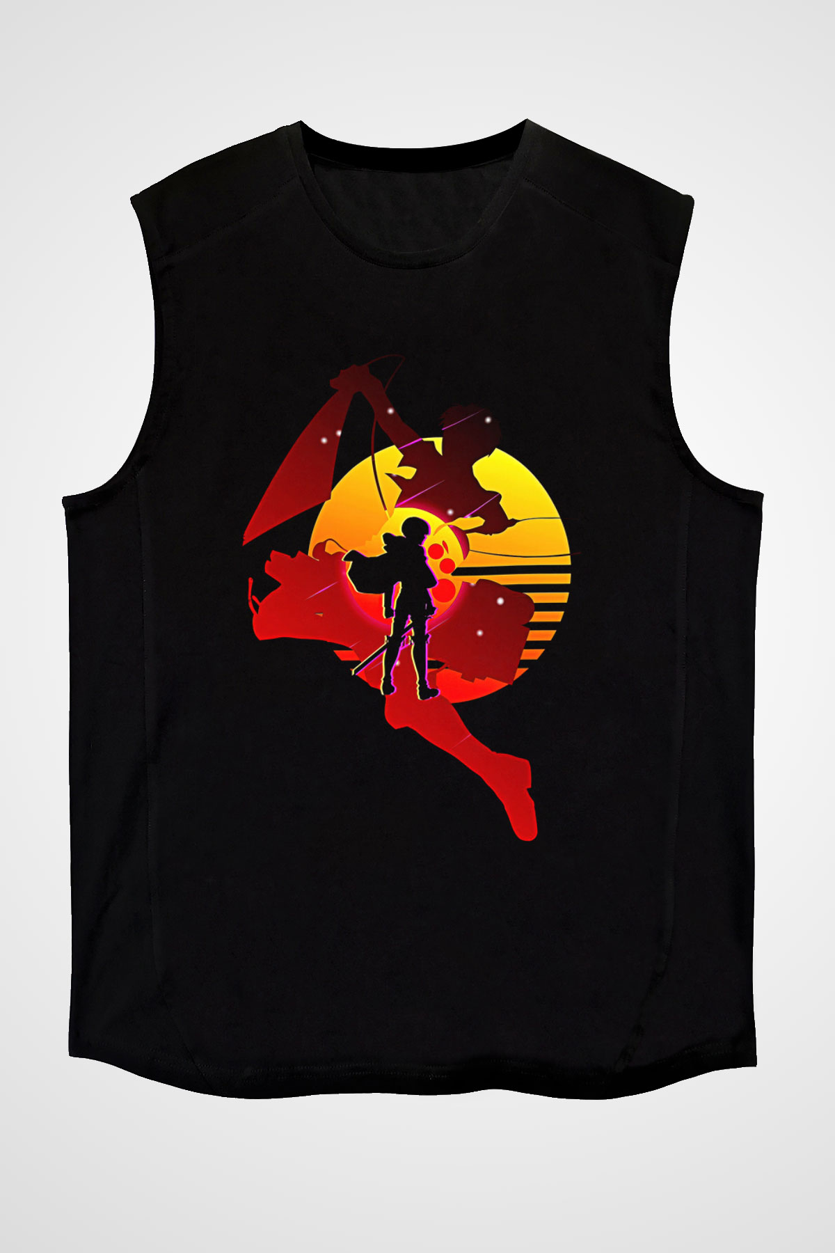 Attack On Titan Baskılı Unisex Siyah Kolsuz Tişört - Tshirt