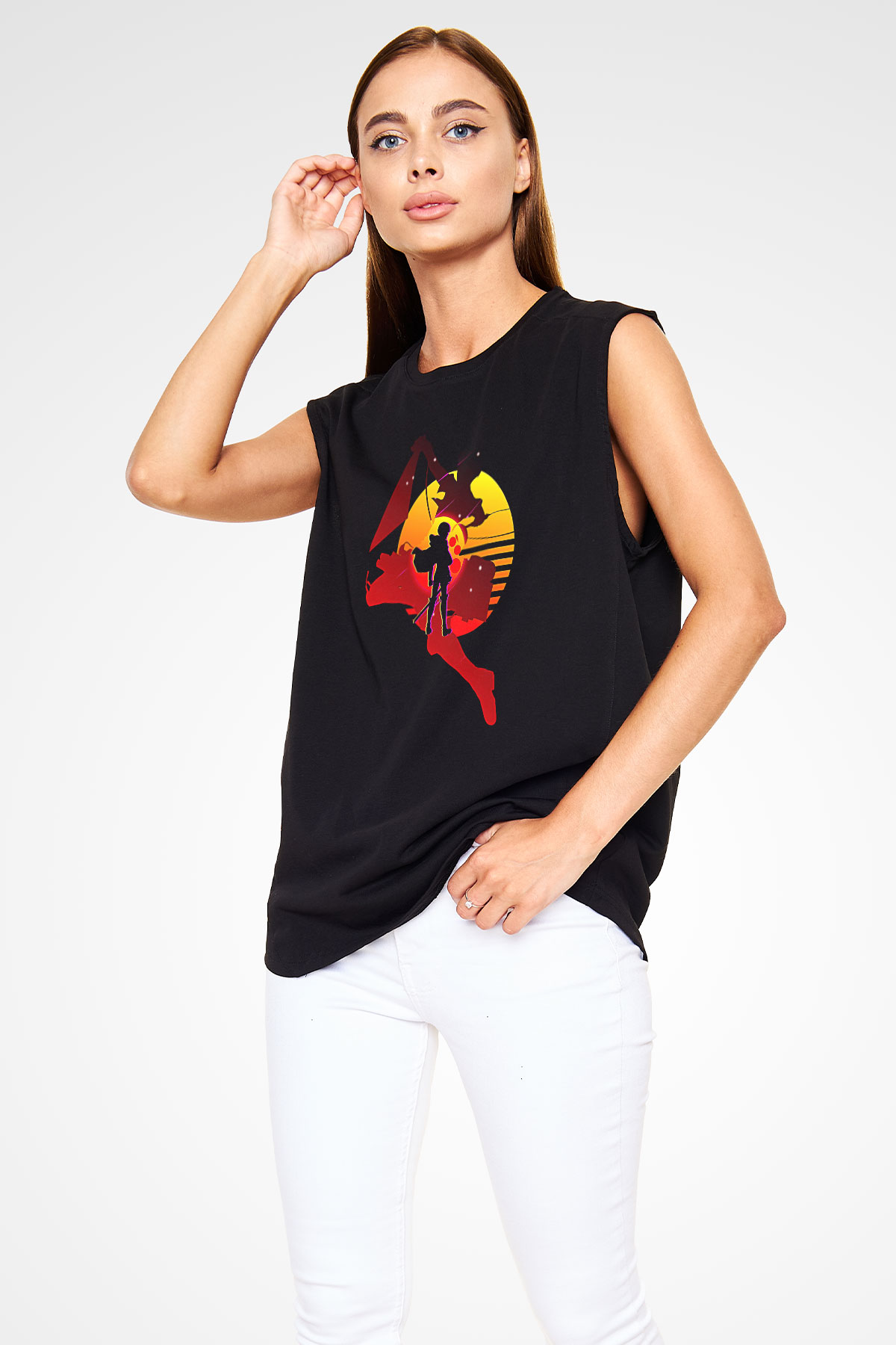 Attack On Titan Baskılı Unisex Siyah Kolsuz Tişört - Tshirt