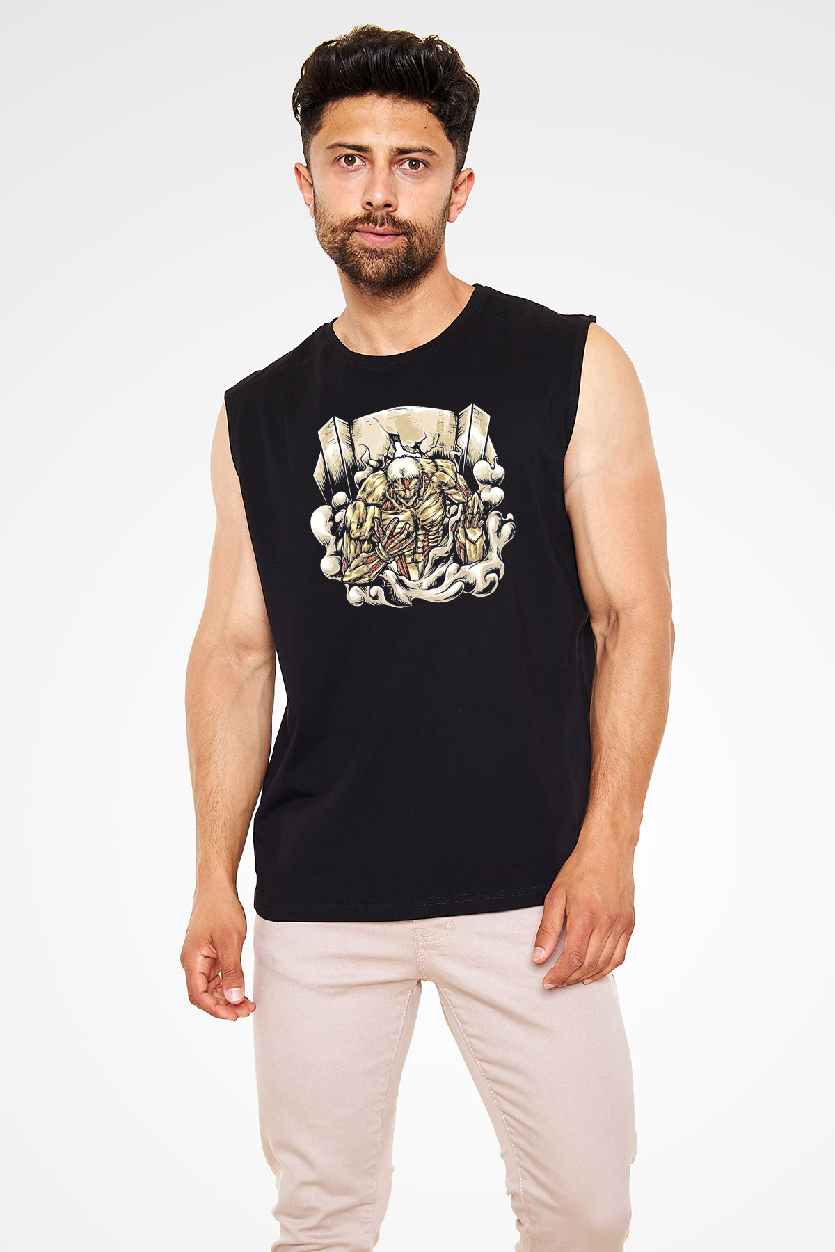 Attack On Titan Baskılı Unisex Siyah Kolsuz Tişört - Tshirt