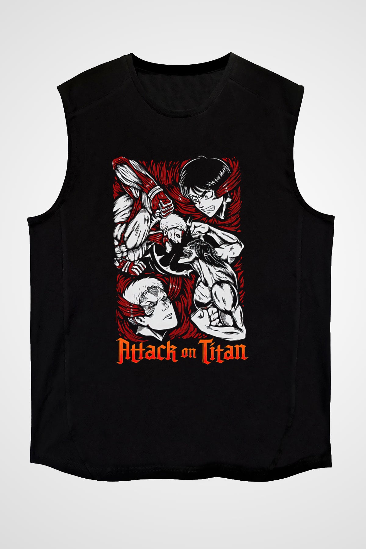 Attack On Titan Baskılı Unisex Siyah Kolsuz Tişört - Tshirt