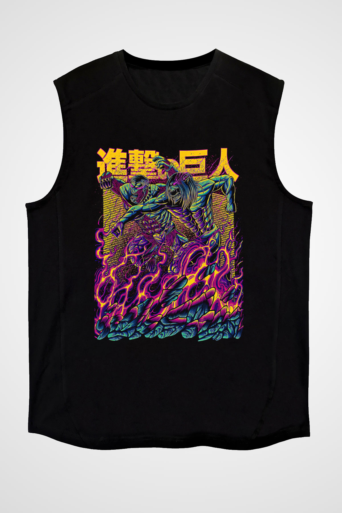 Attack On Titan Baskılı Unisex Siyah Kolsuz Tişört - Tshirt