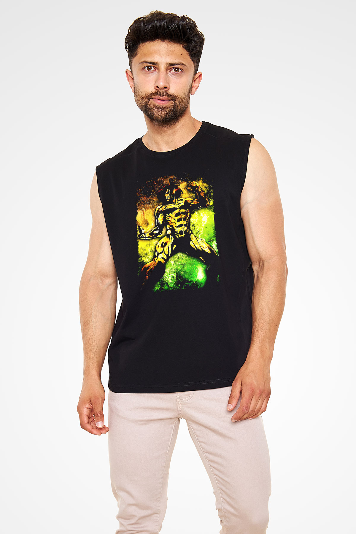 Attack On Titan Baskılı Unisex Siyah Kolsuz Tişört - Tshirt