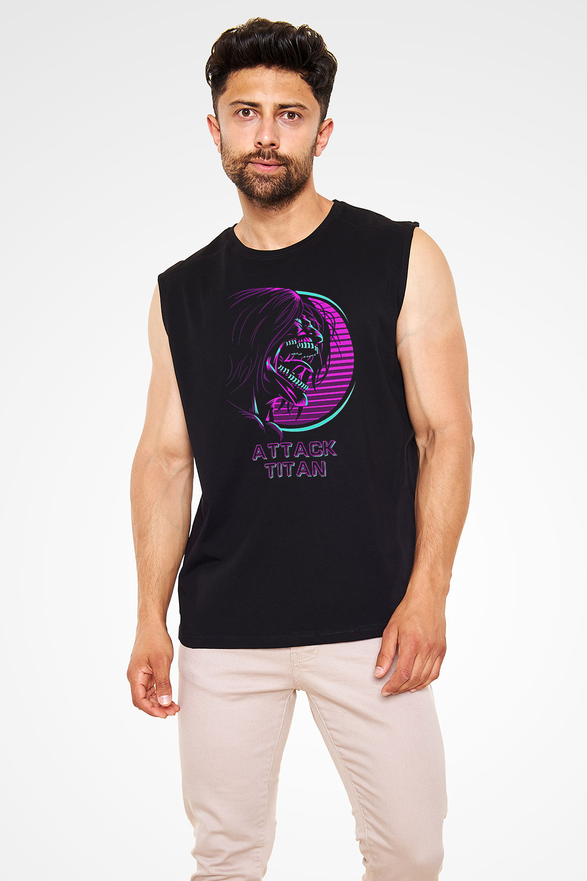 Attack On Titan Baskılı Unisex Siyah Kolsuz Tişört - Tshirt