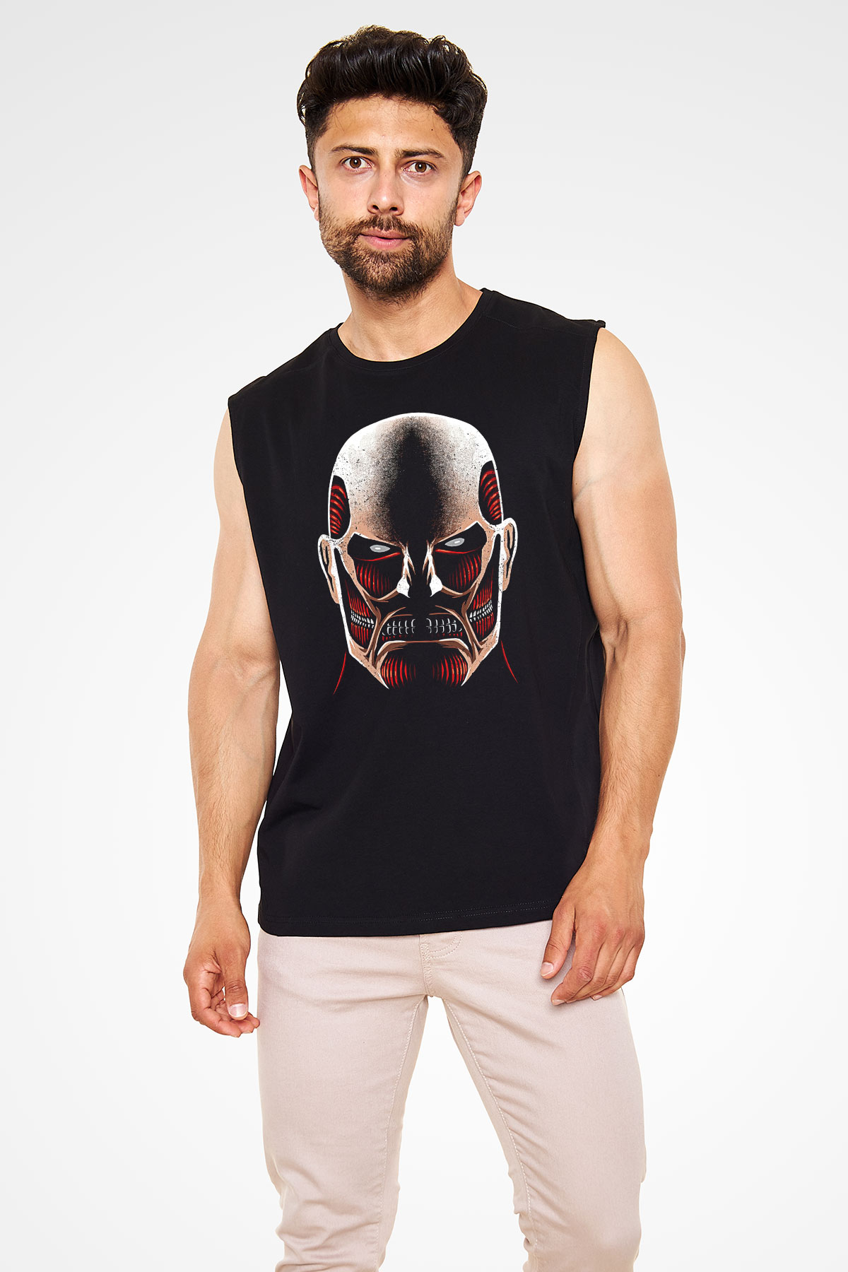 Attack On Titan Baskılı Unisex Siyah Kolsuz Tişört - Tshirt
