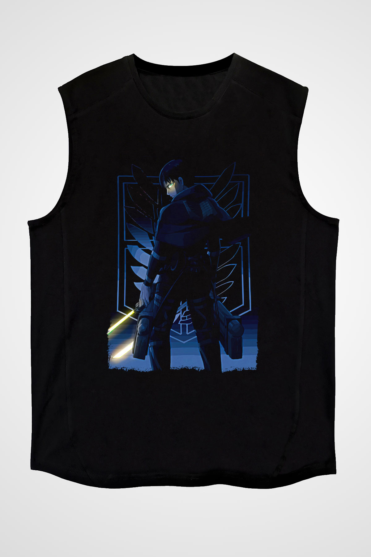Attack On Titan Baskılı Unisex Siyah Kolsuz Tişört - Tshirt