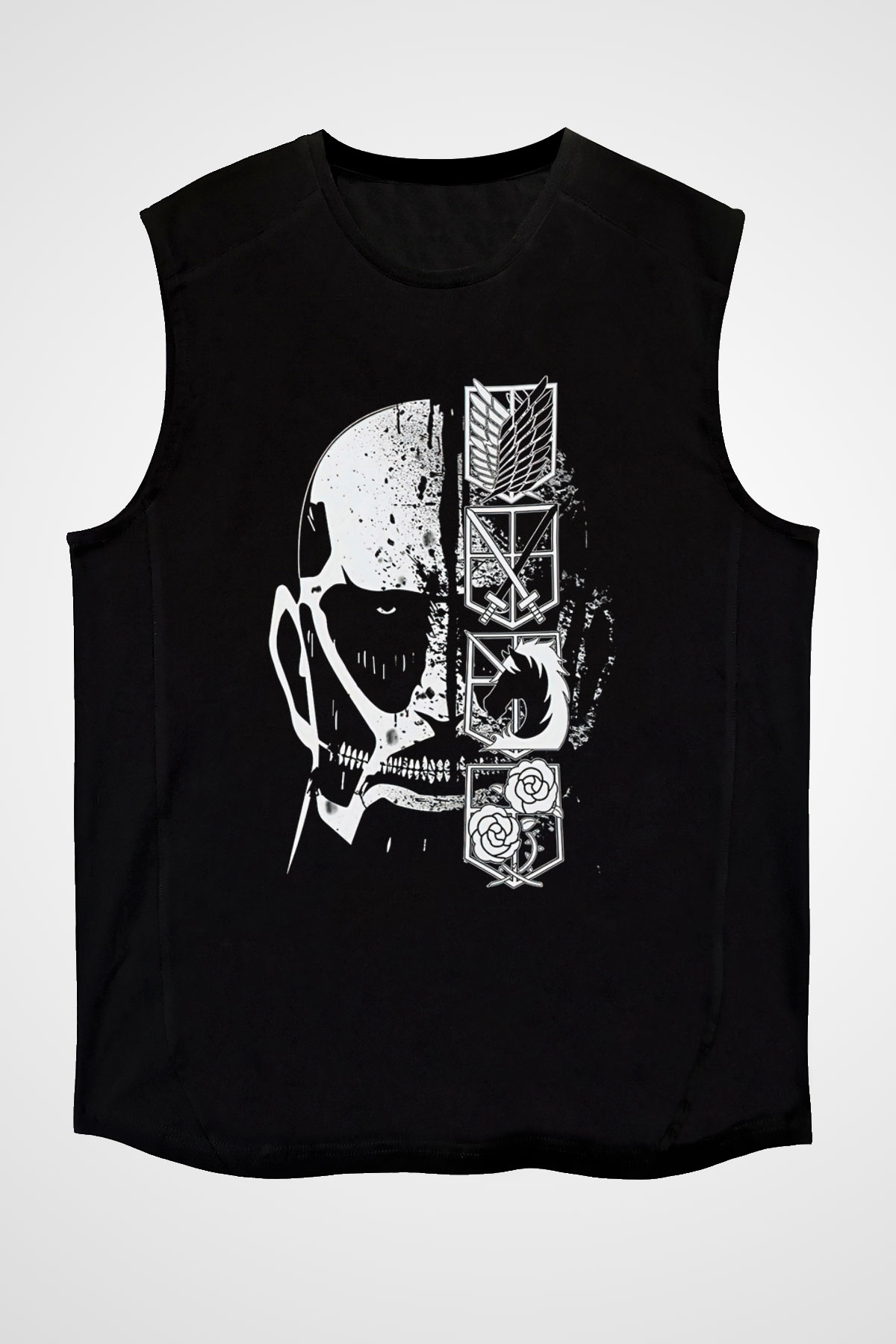 Attack On Titan Baskılı Unisex Siyah Kolsuz Tişört - Tshirt