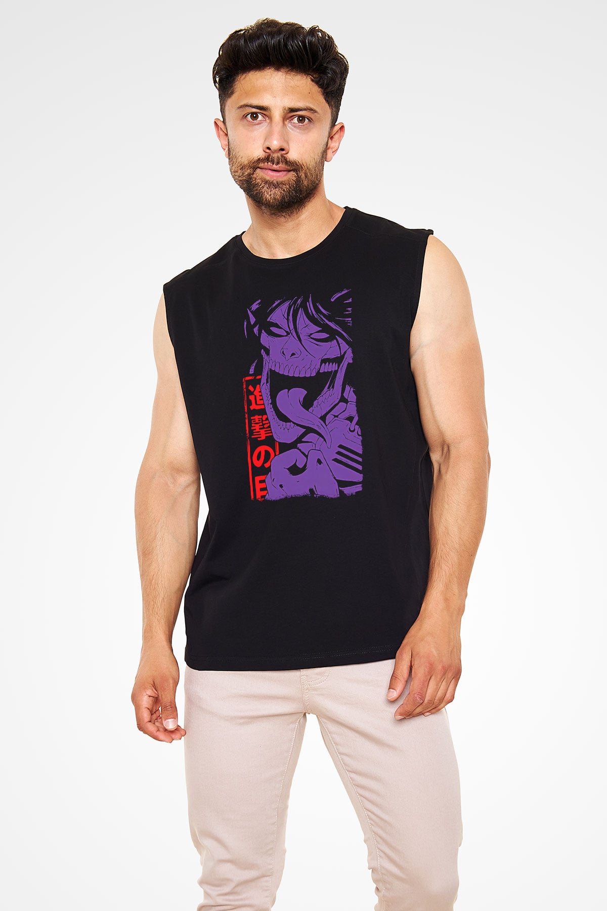 Attack On Titan Baskılı Unisex Siyah Kolsuz Tişört - Tshirt